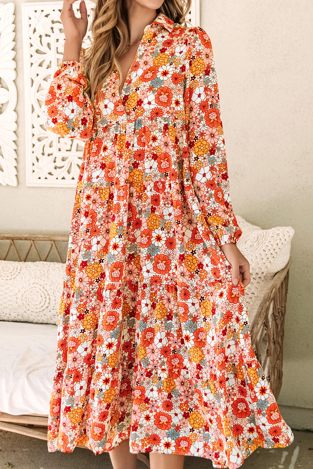 Yellow Boho Floral Collared Long Sleeve Ruffled Dress