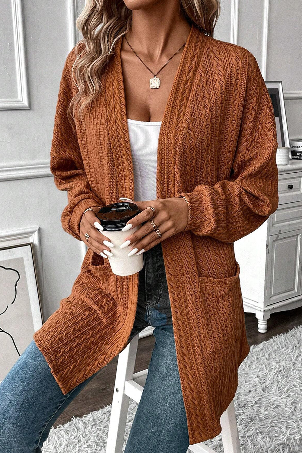 Textured Knit Side Pockets Open Front Cardigan