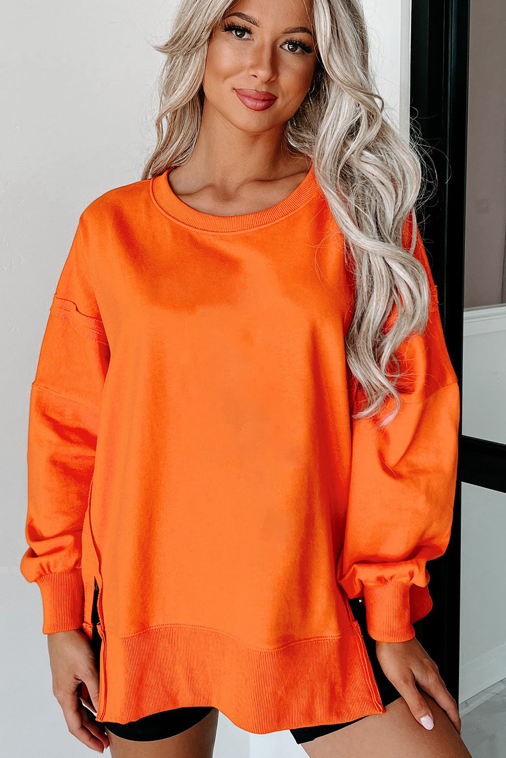 Exposed Seam Drop Shoulder Round Neck Sweatshirt with Slits