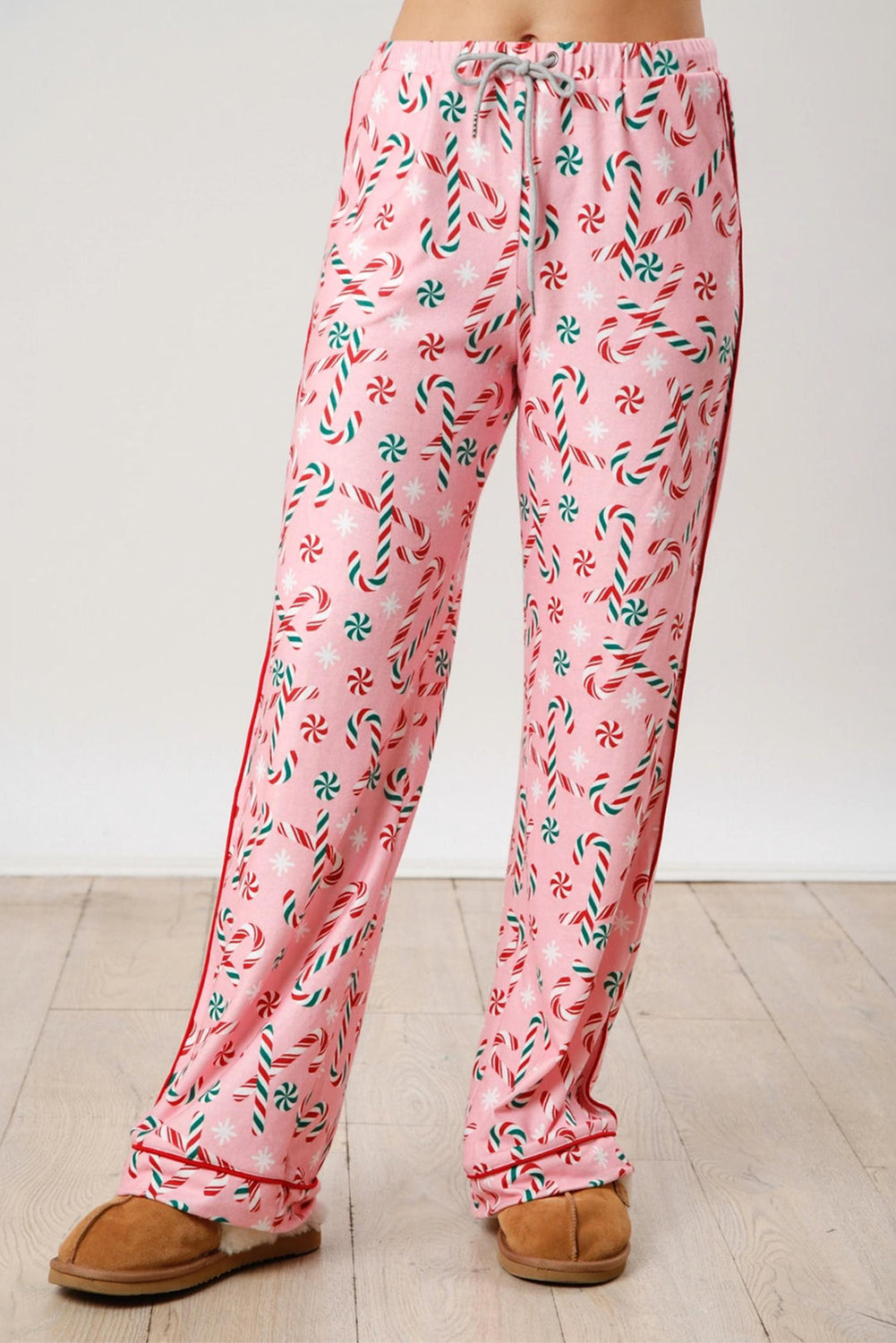 Christmas Candy Cane Print Lapel Collar Shirt and Pants Two Piece Pajamas Set