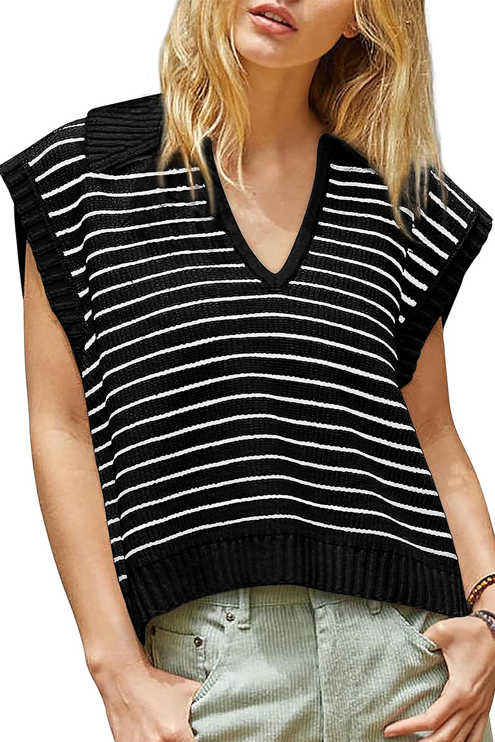 Beige Stripe Turn-down V Neck Sweater Tank Top