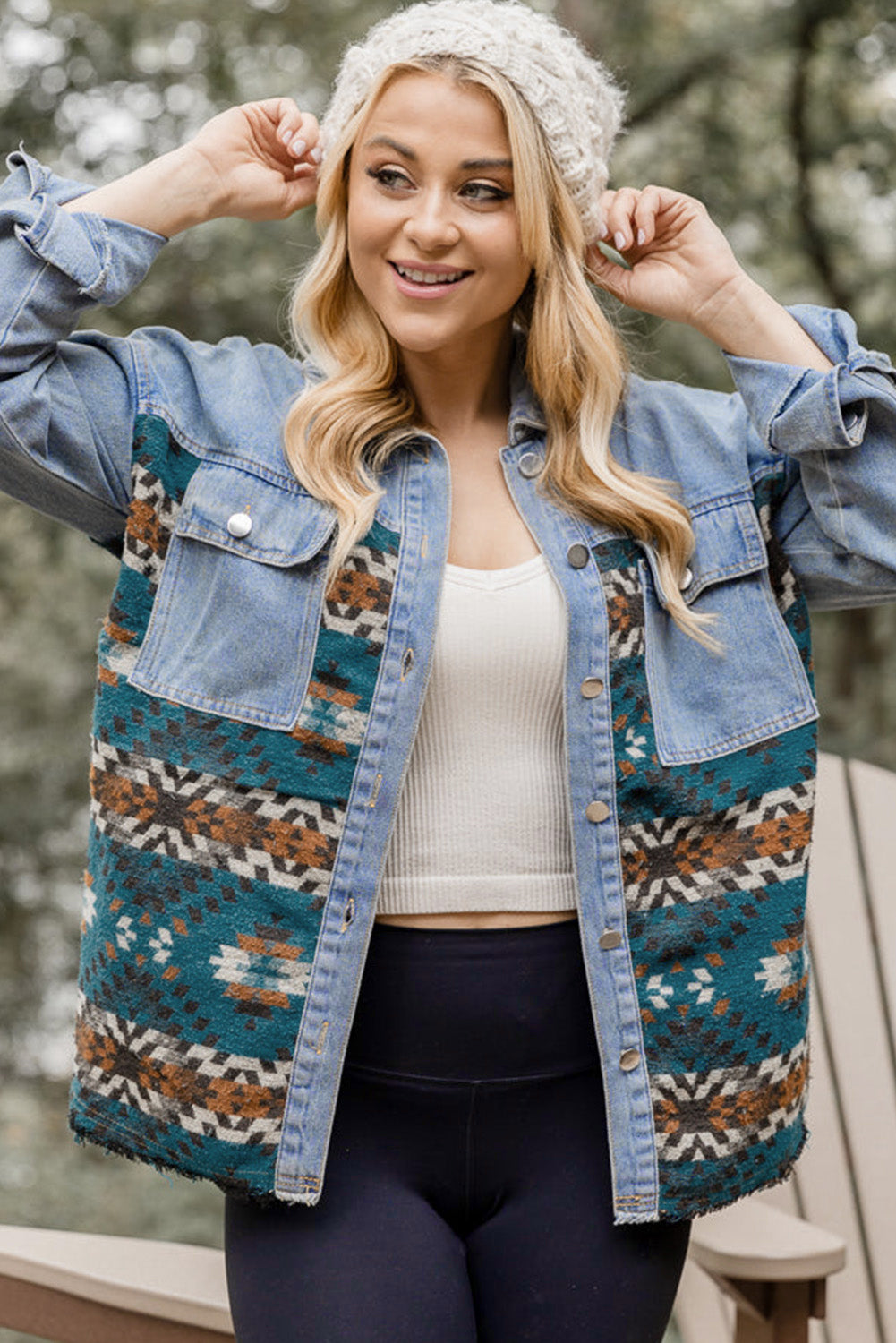 Blue Aztec Printed Denim Jacket