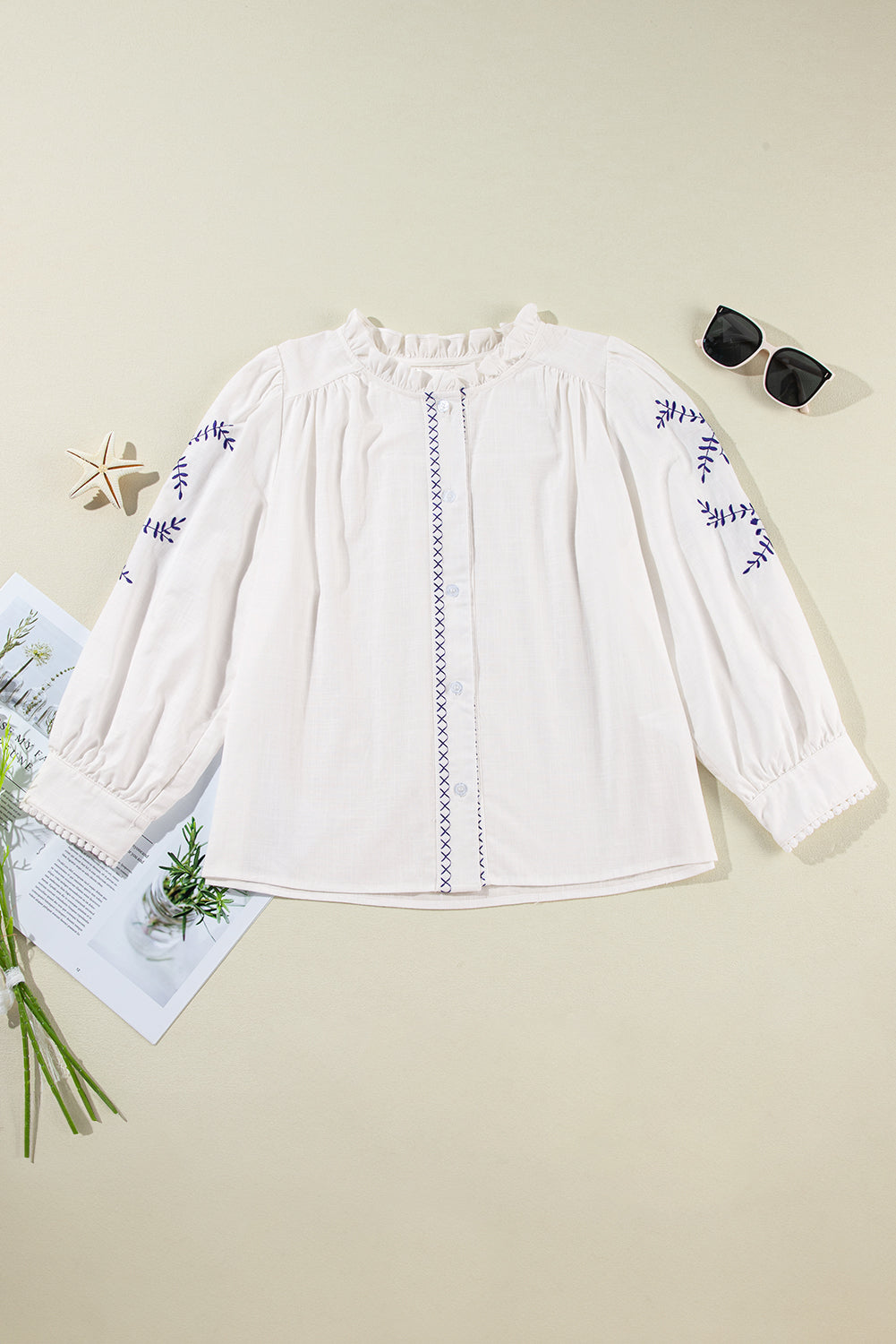 Floral Embroidered Bracelet Sleeve Shirt