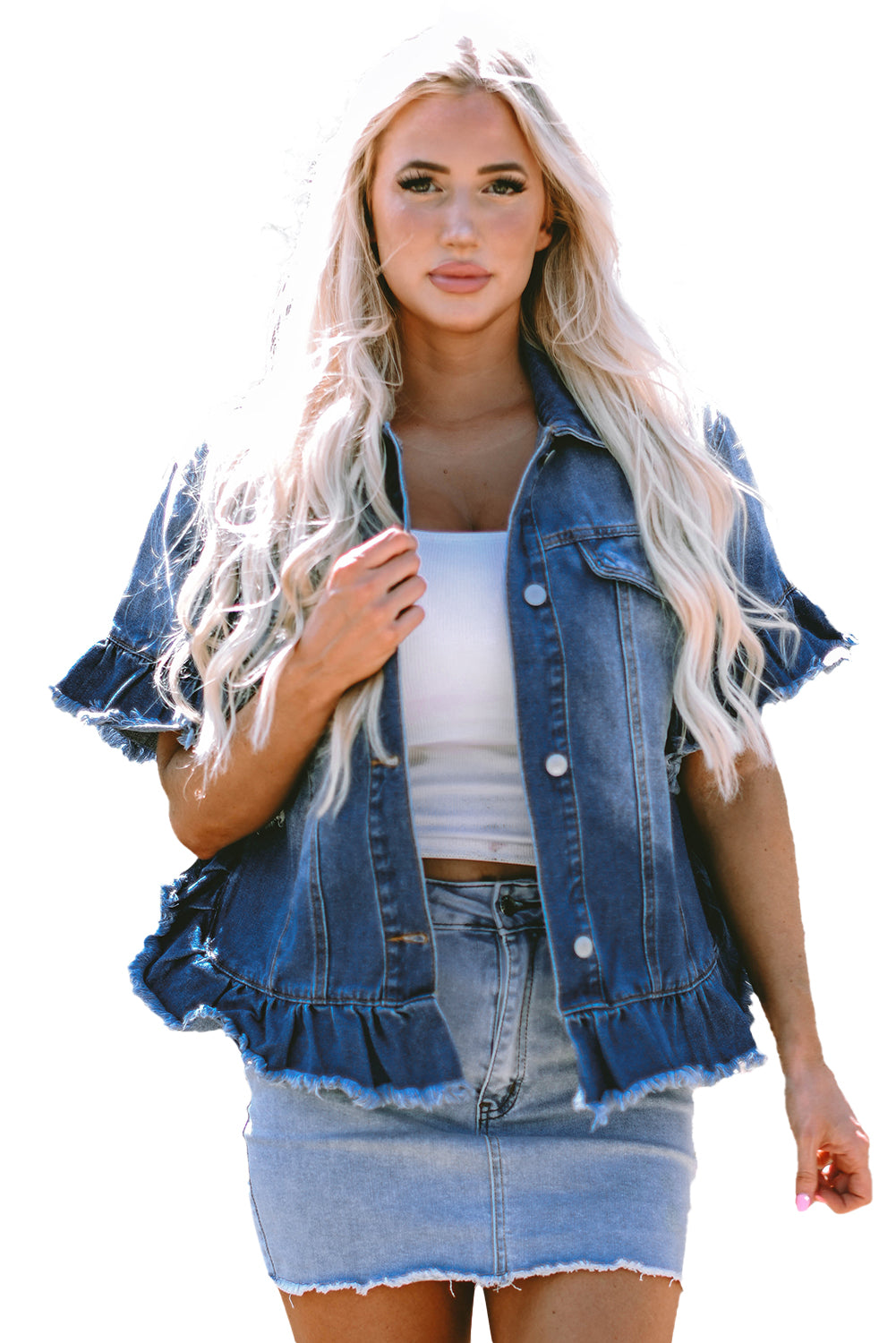 Raw Edge Ruffled Short Sleeve Denim Jacket