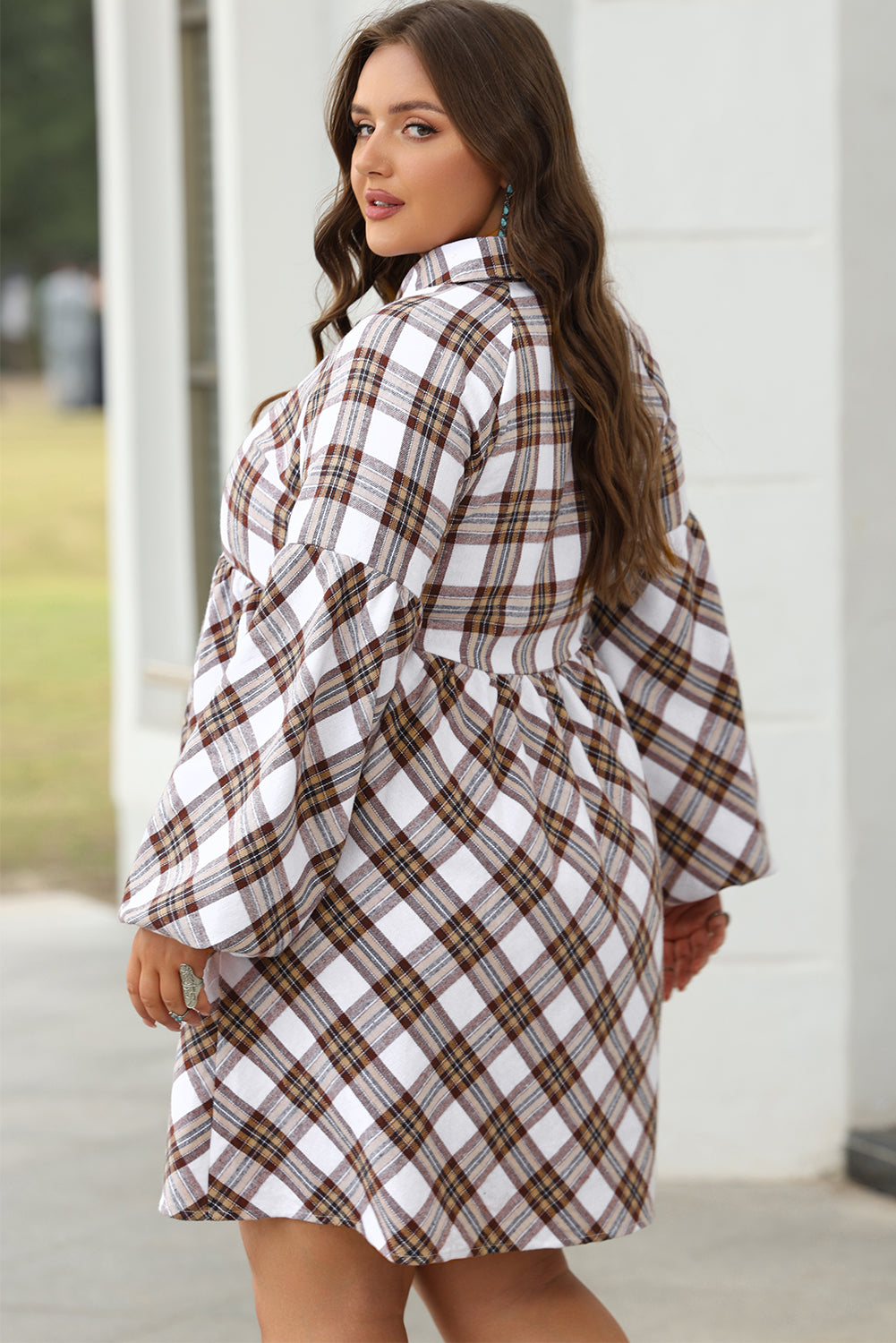 Plaid Bubble Sleeve Flowy Shirt Dress