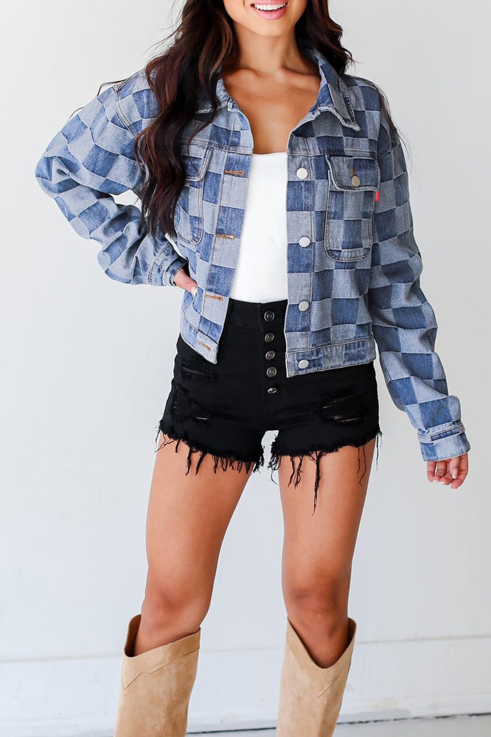 Checkered Patchwork Button up Denim Jacket