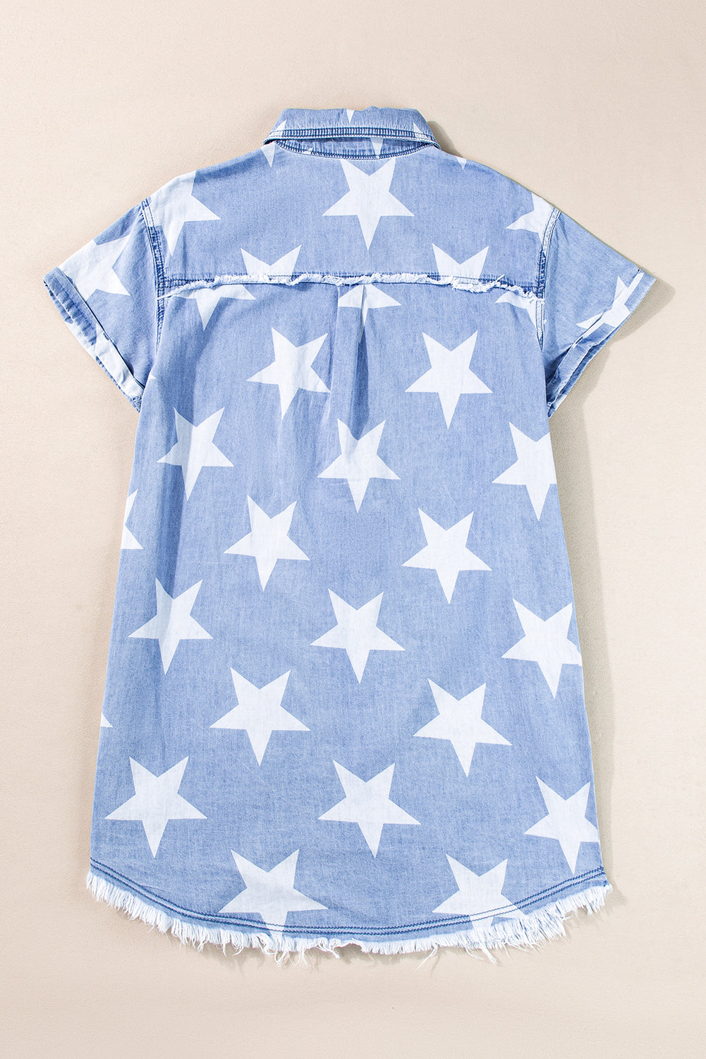 Sky Blue Stars Frayed Hem Collared Short Sleeve Denim Dress