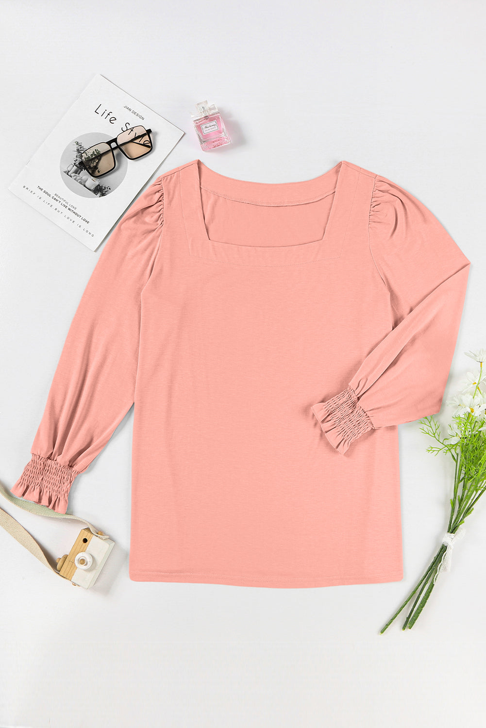 Pink Plus Size Square Neck Flounced Sleeve Top