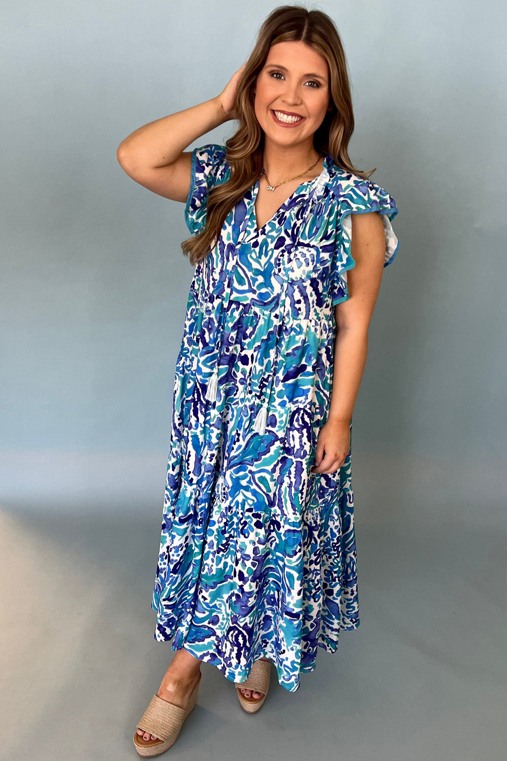 Plus Size Abstract Print Split Neck Ruffled Sleeve Tiered Long Dress