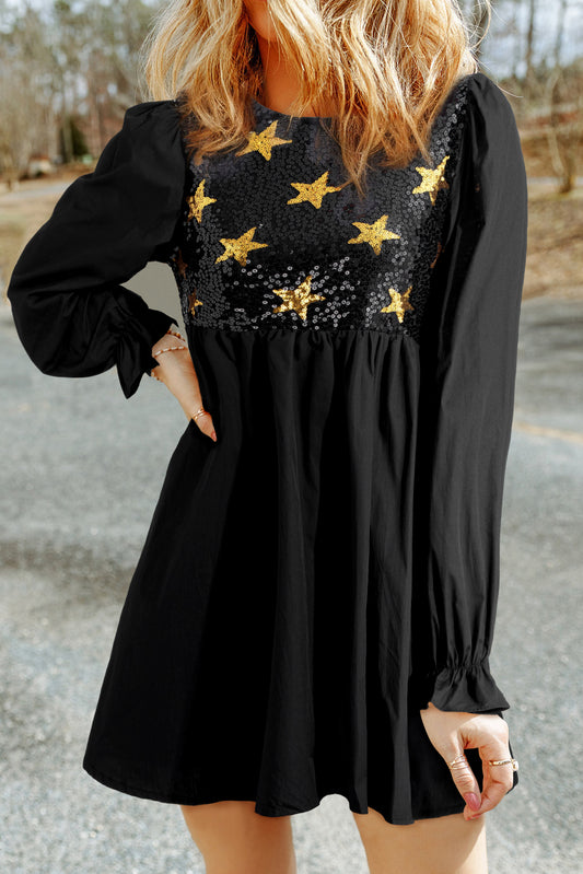 Sequined Stars Flounce Sleeve Ruffled Babydoll Dress