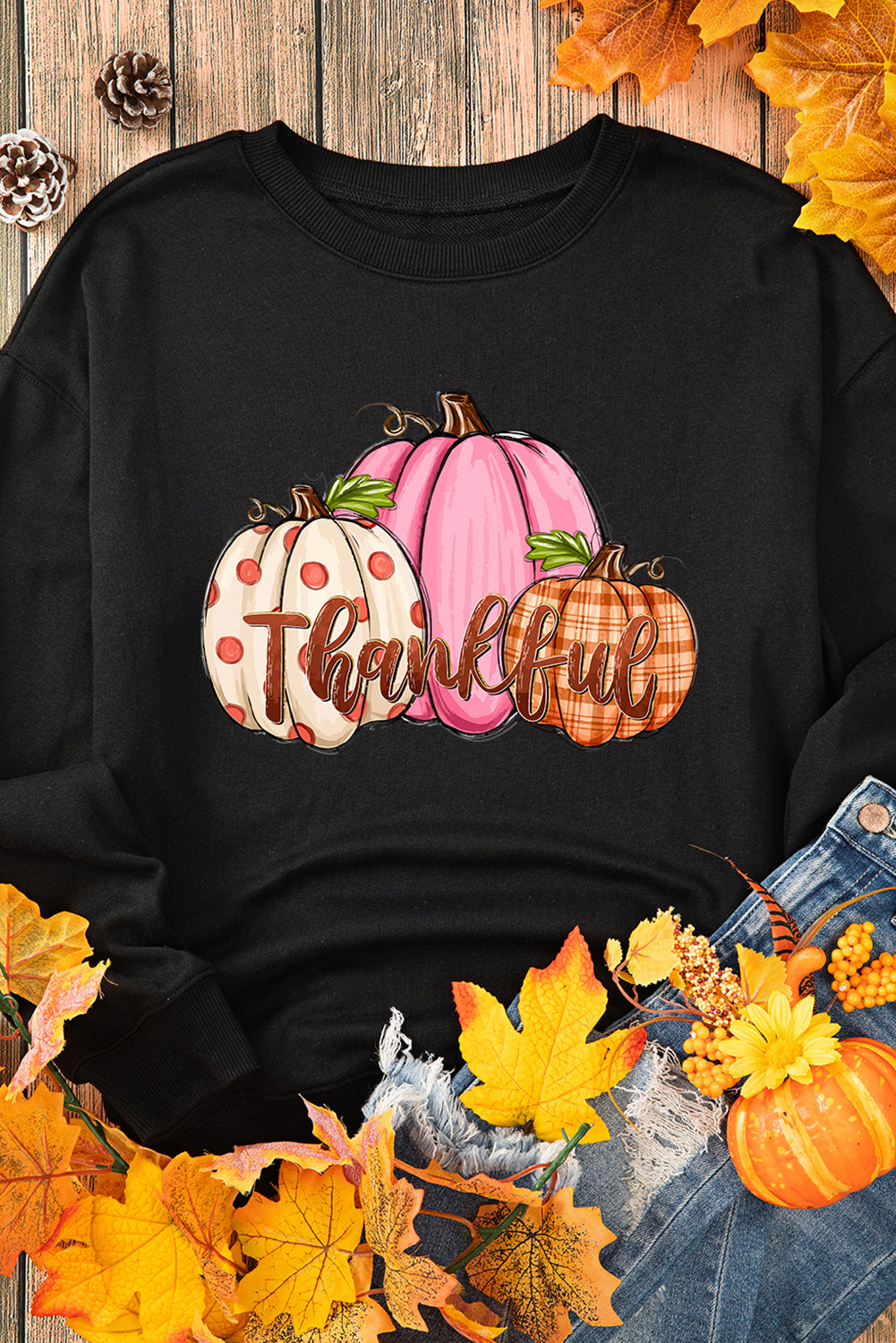 Pumpkin Thankful Drop Shoulder Thanksgiving Pullover Sweatshirt