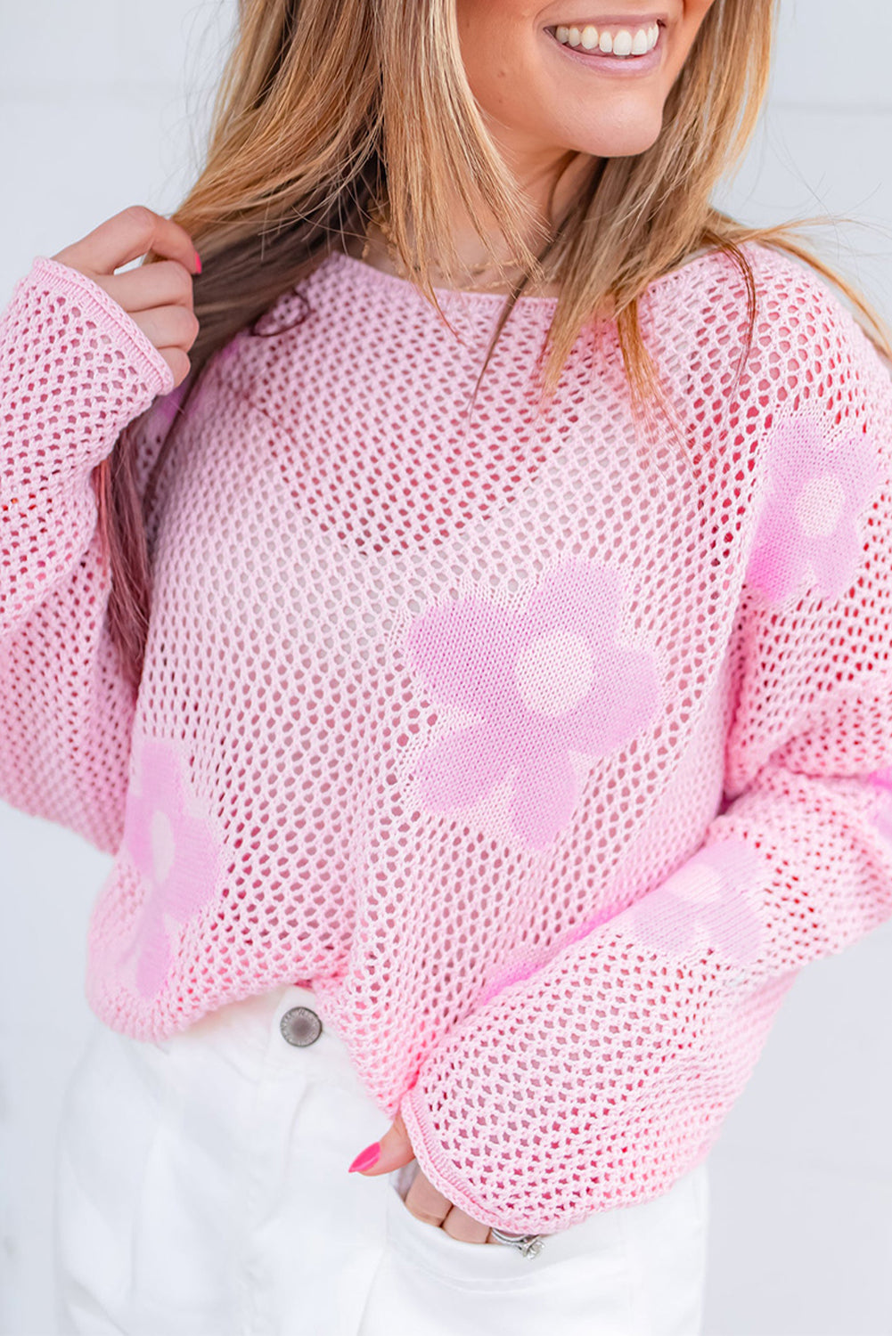 Flower Hollowed Knit Drop Shoulder Sweater