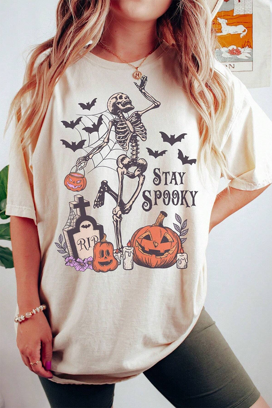 White Skull Pumpkin Face STAY SPOOKY Graphic Halloween T Shirt