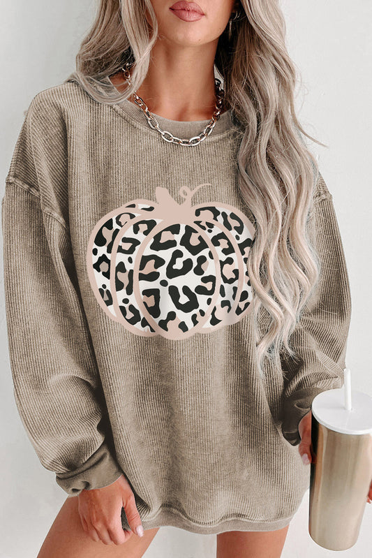 Leopard Halloween Pumpkin Graphic Corded Sweatshirt