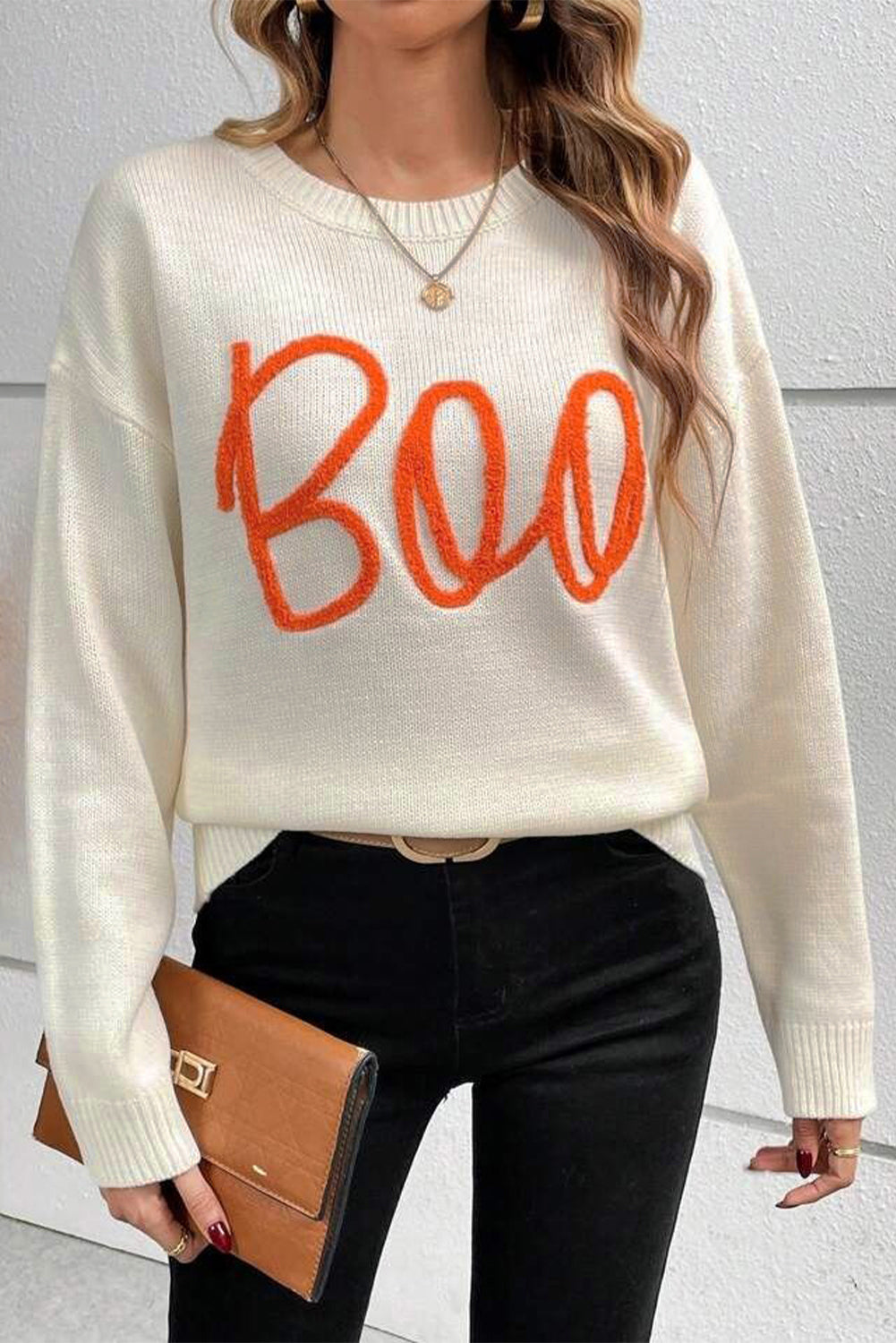 Boo Knitted Pattern Ribbed Edge Drop Shoulder Sweater