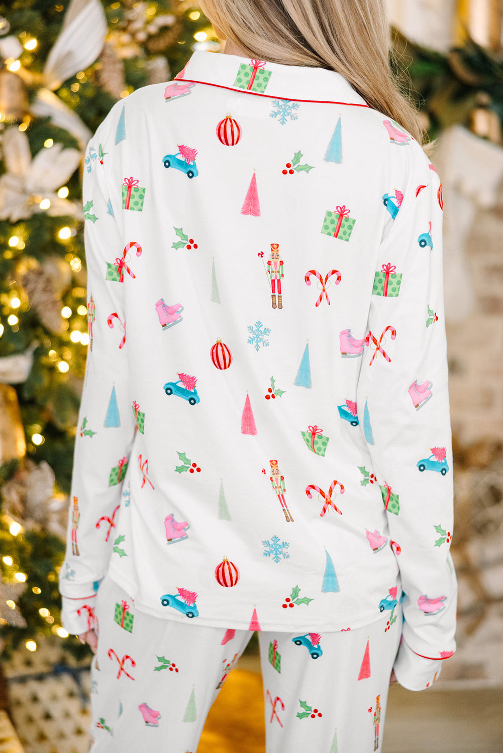 Christmas Print Lapel Shirt and Pants Sleepwear