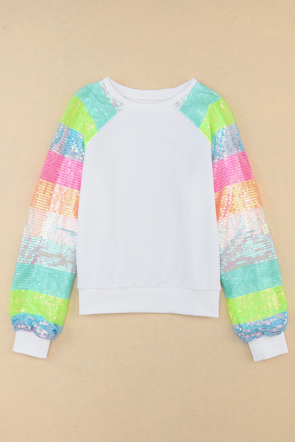 White Sequin Color Block Raglan Sleeve Pullover Sweatshirt