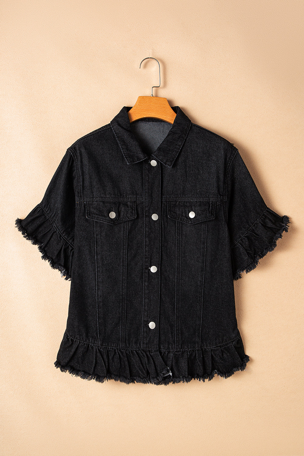 Raw Edge Ruffled Short Sleeve Denim Jacket