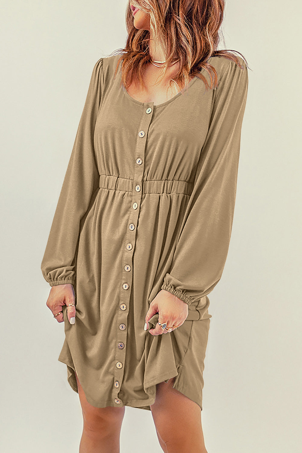 Green Button Up High Waist Long Sleeve Dress