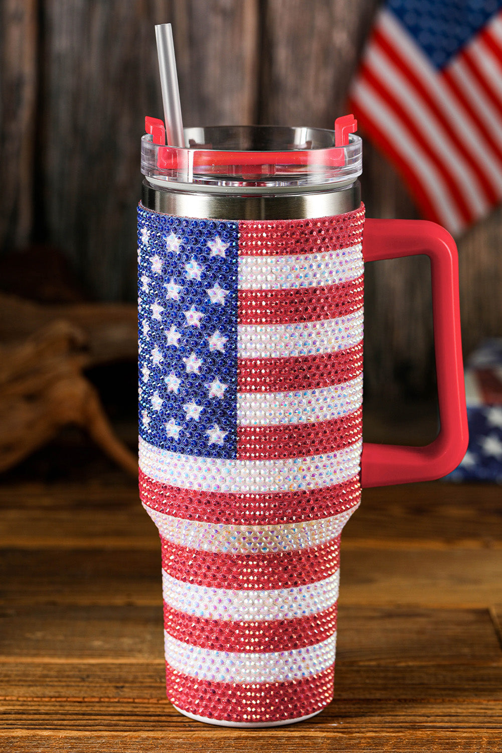 Rhinestone American Flag Print Handled 40oz Thermos Tumbler