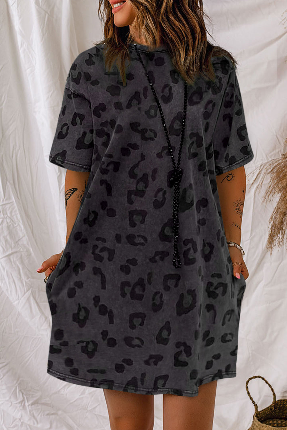 Gray Vintage Washed Leopard T-Shirt Dress with Pockets