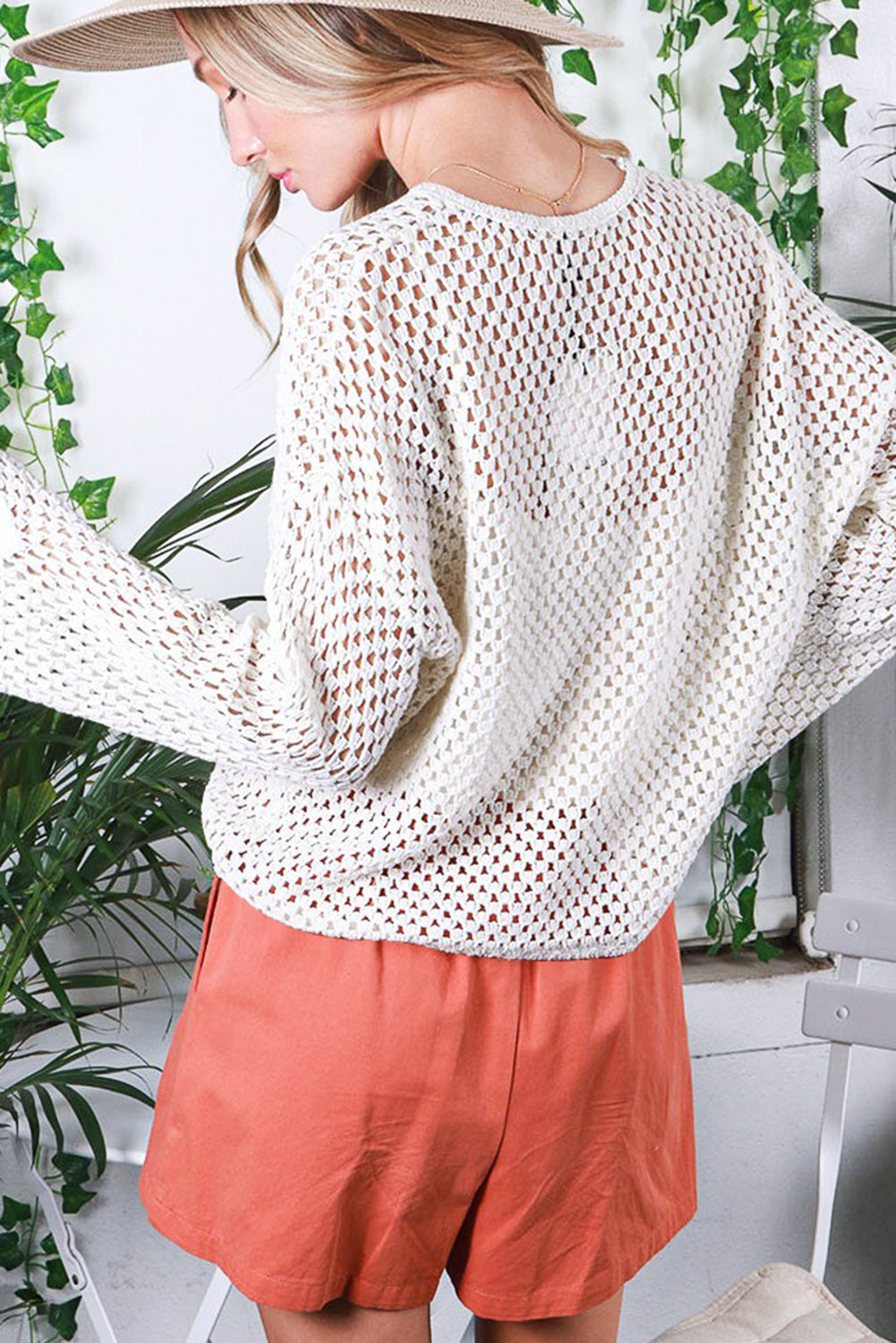 Open Knit Buttoned Neck Split Sleeve Sweater