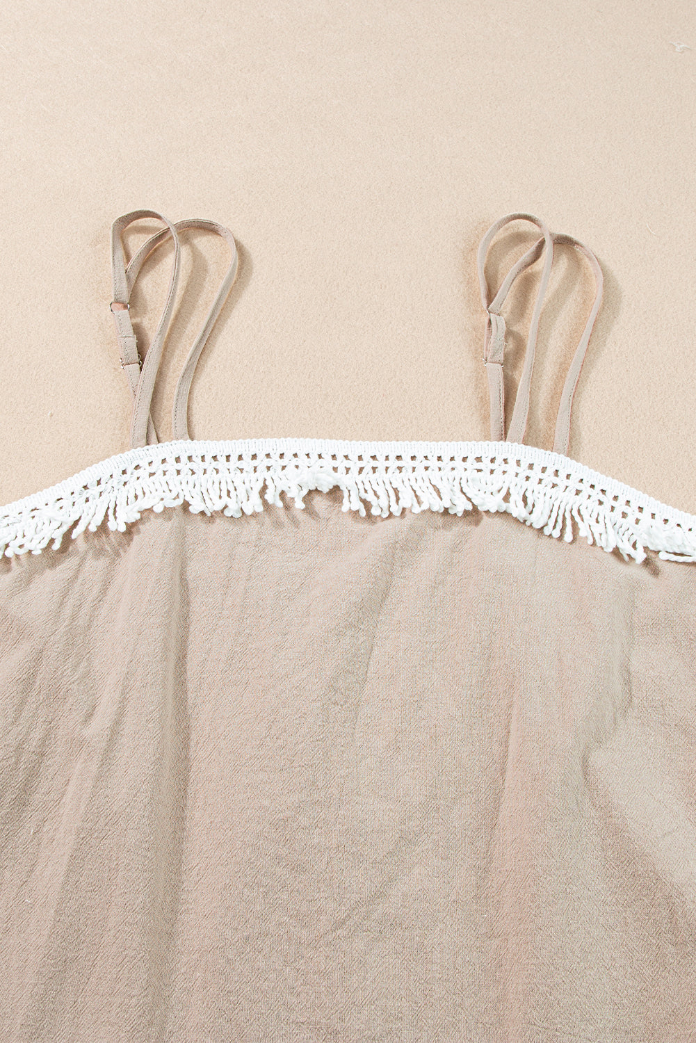 Pale Khaki Fringe Crochet Double Strap Tank Top and Shorts Set