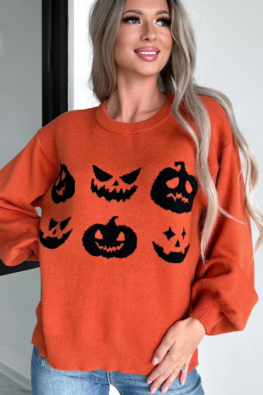 Halloween Pumpkin Face Pattern Drop Shoulder Sweater