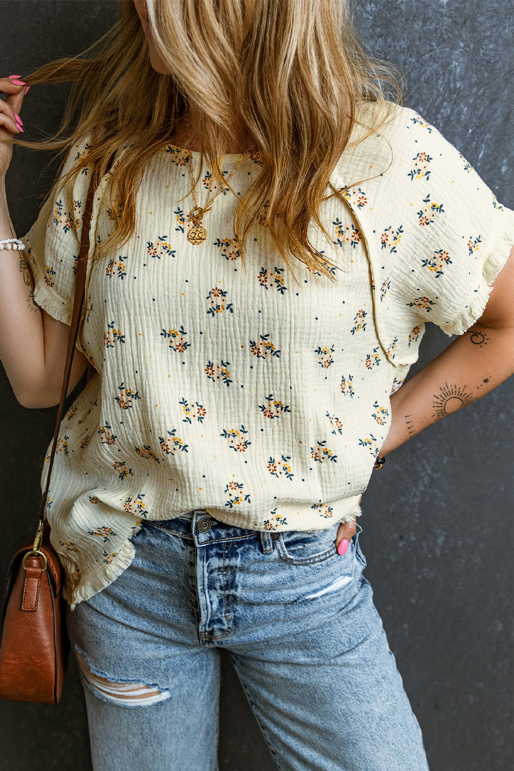 Floral Detail Fringe Trimming Textured Top