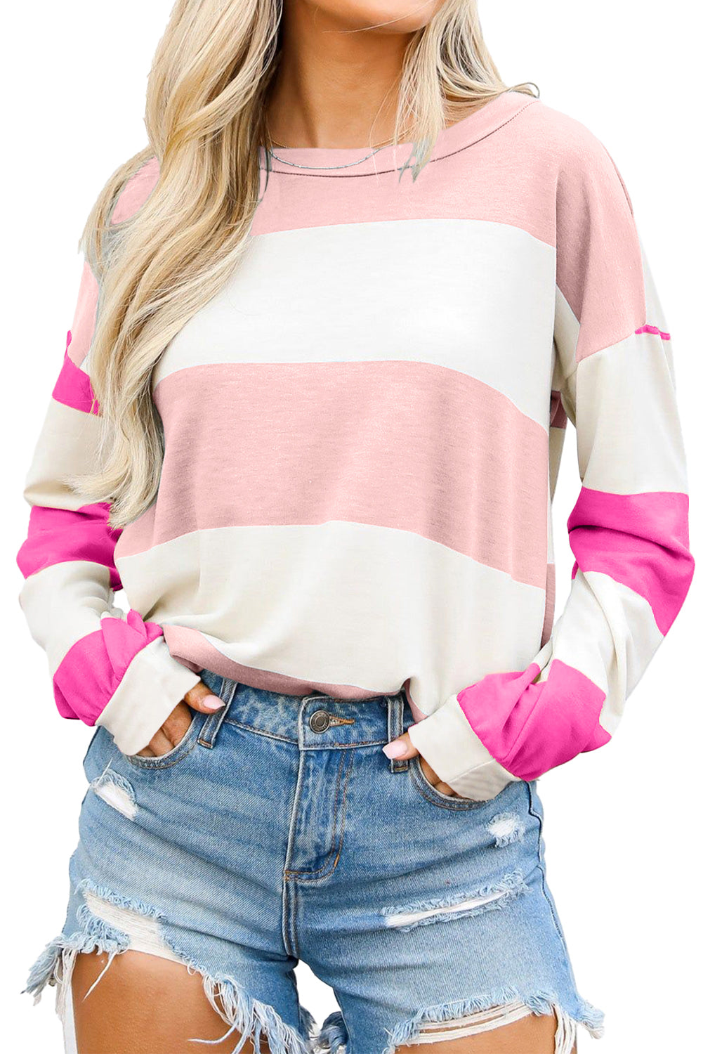 Colorblock Striped Drop Shoulder Long Sleeve Top