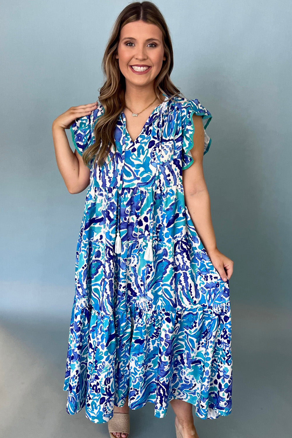 Plus Size Abstract Print Split Neck Ruffled Sleeve Tiered Long Dress