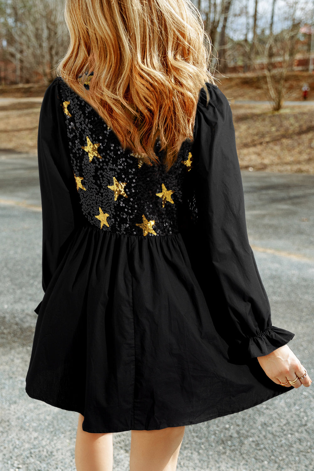 Sequined Stars Flounce Sleeve Ruffled Babydoll Dress