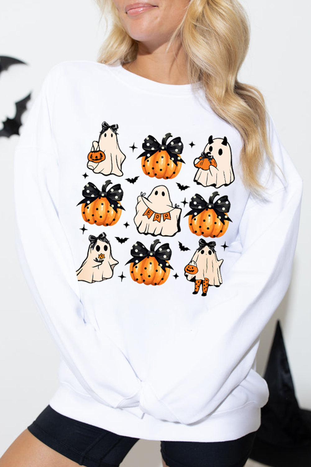 Halloween Ghost Pumpkin Print Crew Neck Sweatshirt