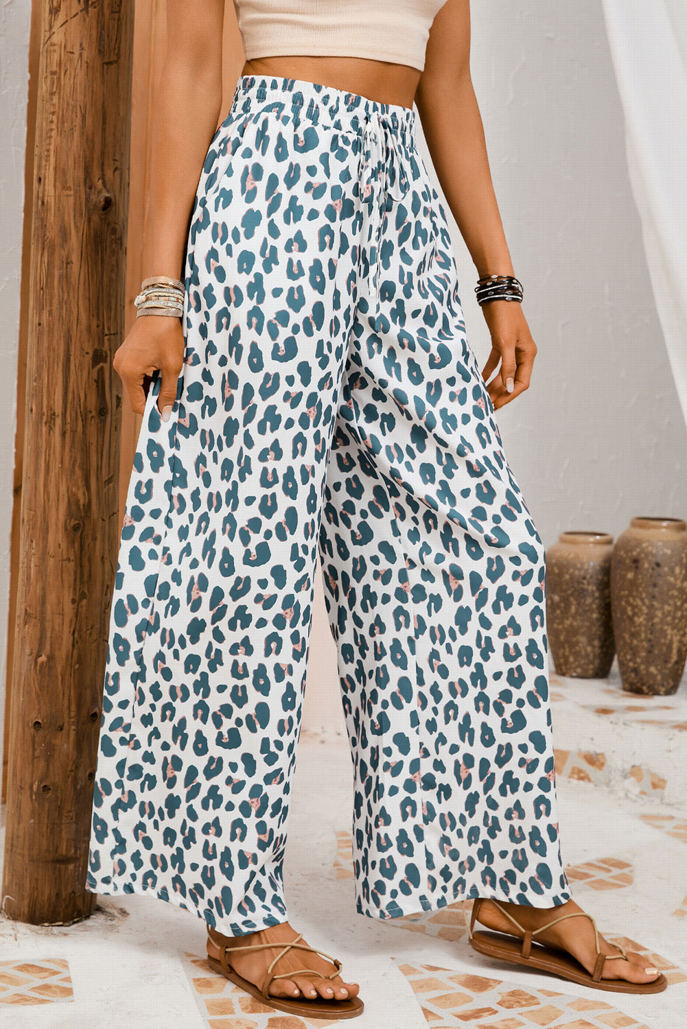 White Leopard Print Pocketed Wide Leg Pants