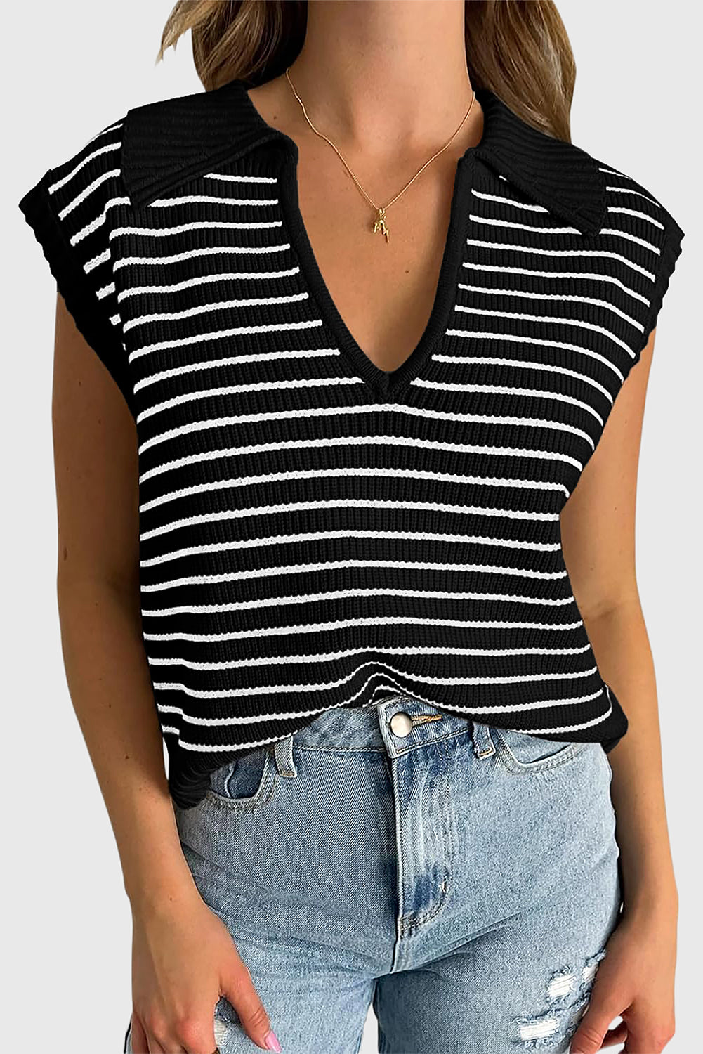 Beige Stripe Turn-down V Neck Sweater Tank Top