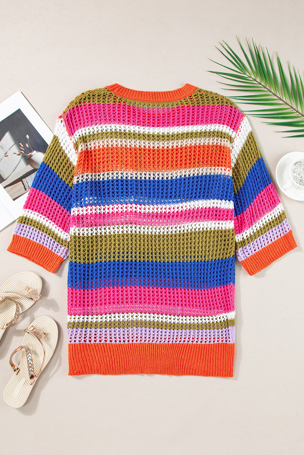 Striped Colorblock Hollowed Crochet 3/4 Sleeve Sweater