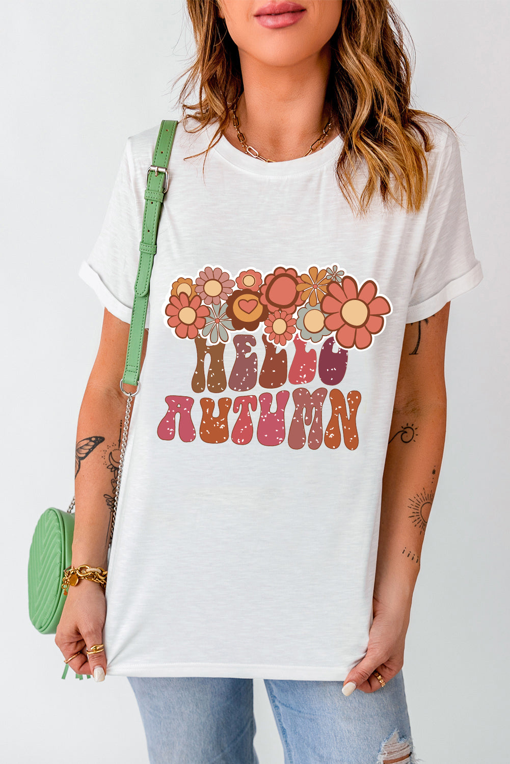 Floral HELLO AUTUMN Printed Crewneck T Shirt