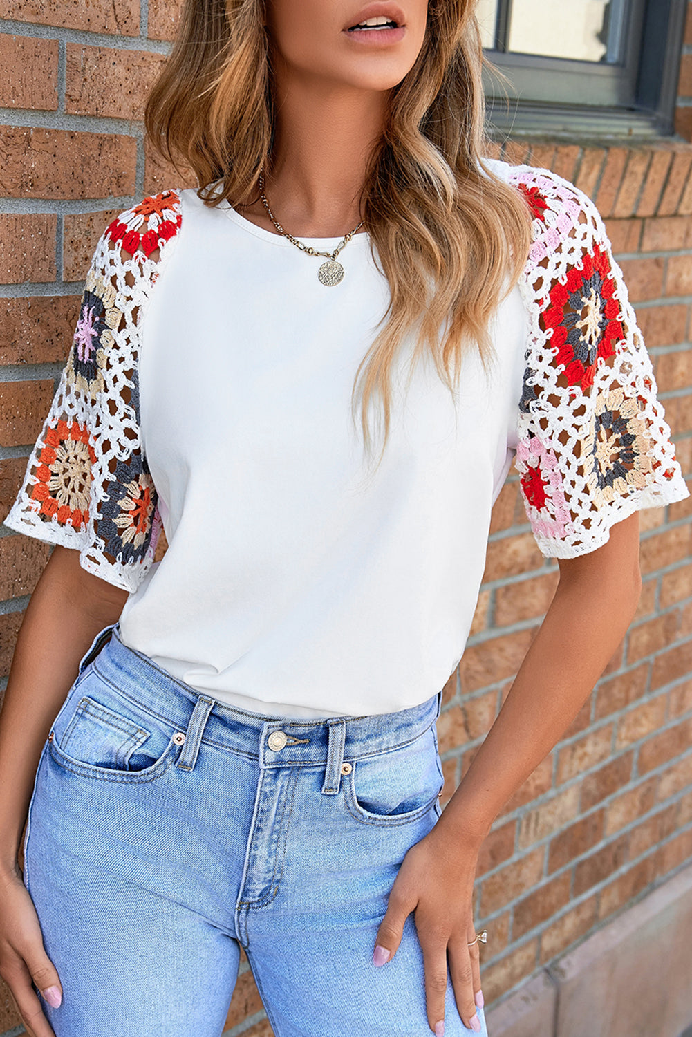 Medium Grey Floral Crochet Short Sleeve Top