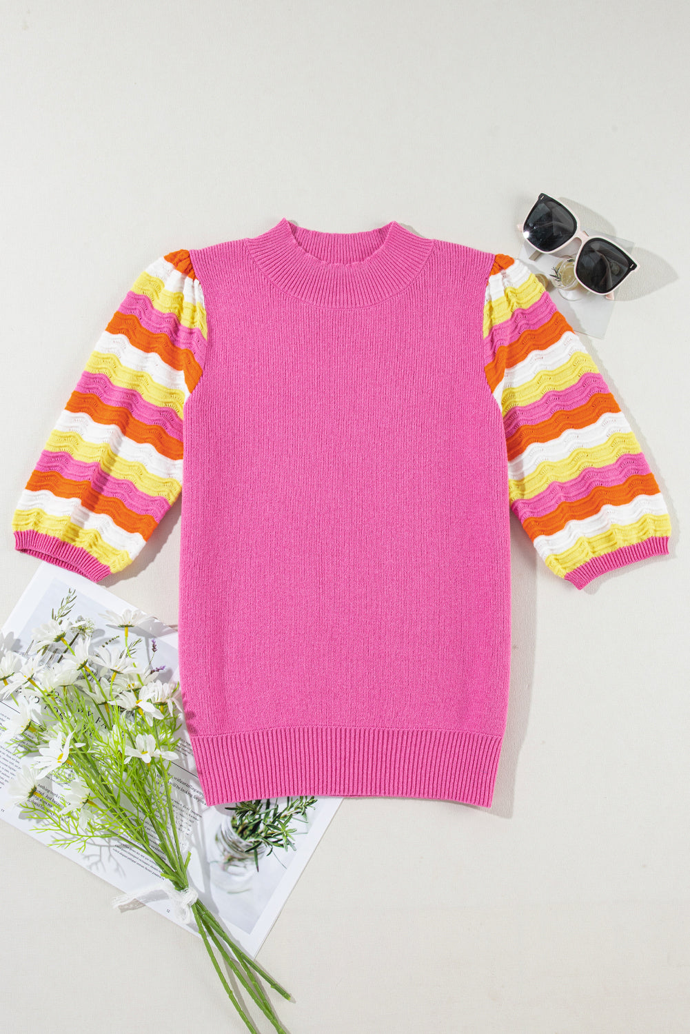 Ribbed Knit Contrast Sleeve Sweater Top