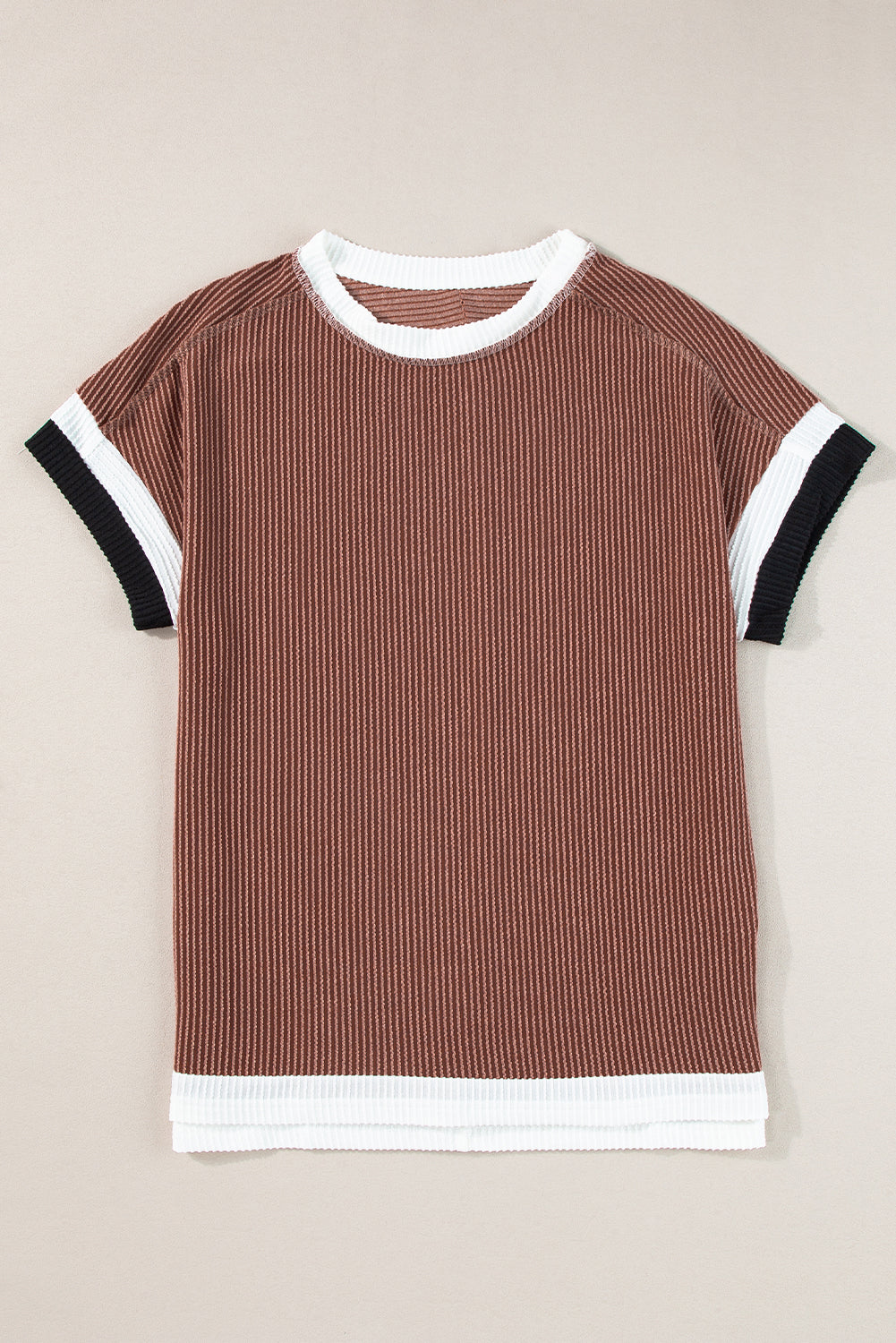 Light Pink Textured Contrast Trim Round Neck T Shirt