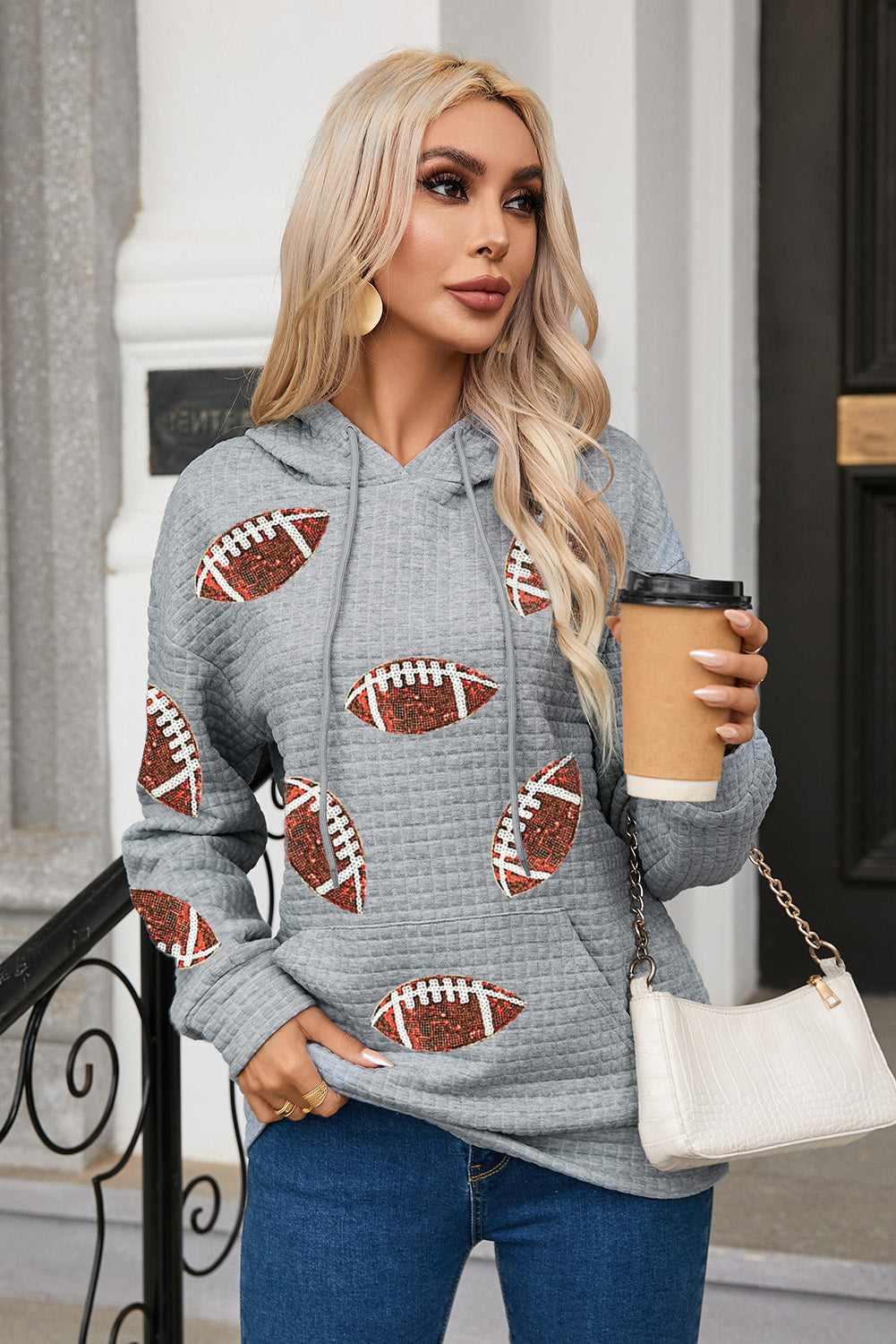 Gray Sequin Football Waffle Knit Kangaroo Pocket Loose Hoodie