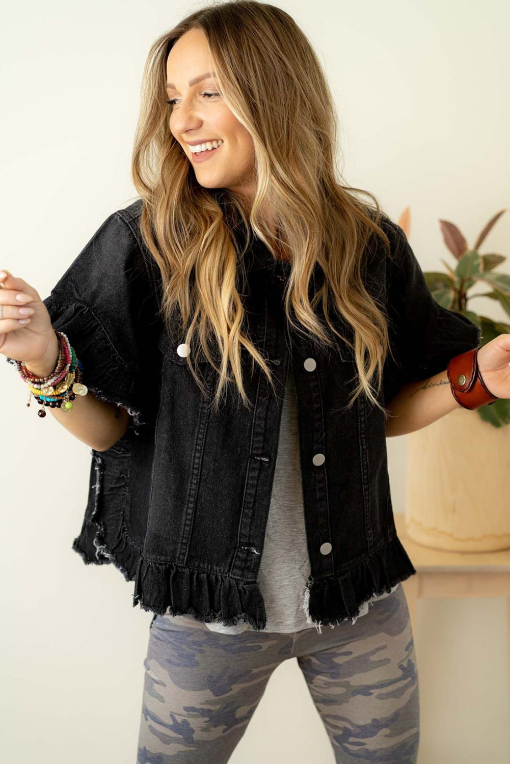 Raw Edge Ruffled Short Sleeve Denim Jacket