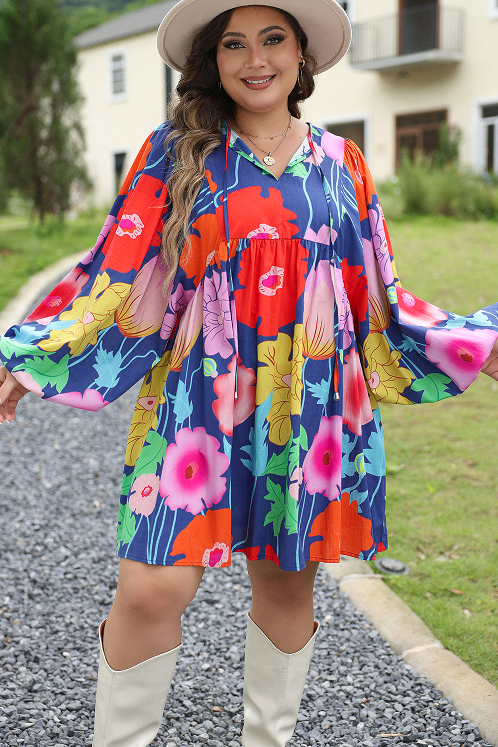 Blue Plus Size Floral V Neck Balloon Sleeve Babydoll Dress