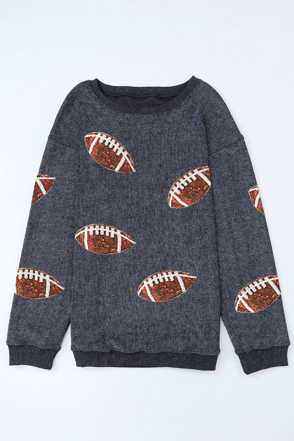 Gray Sequin Football Graphic Corded Baggy Sweatshirt