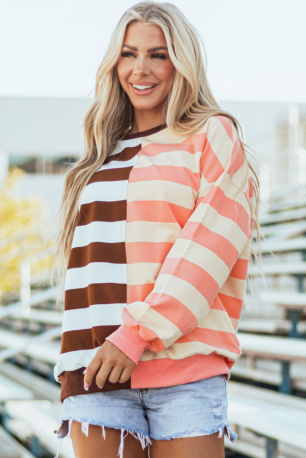 Stripe Color Block Drop Shoulder Pullover Sweatshirt