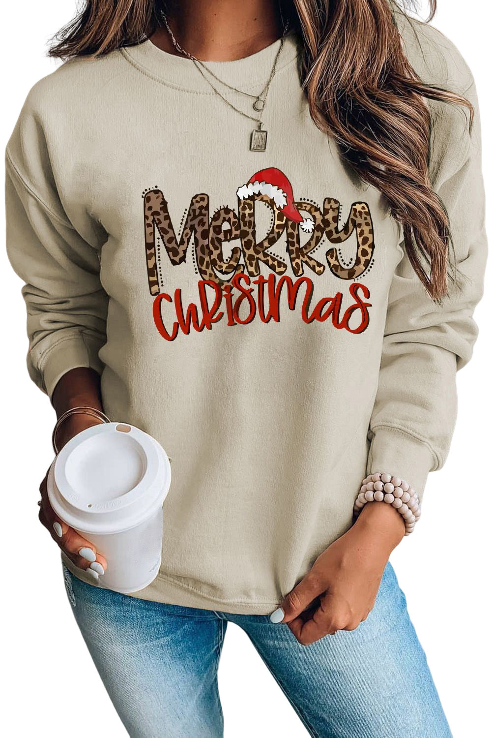 Merry Christmas Hat Leopard Print Graphic Sweatshirt