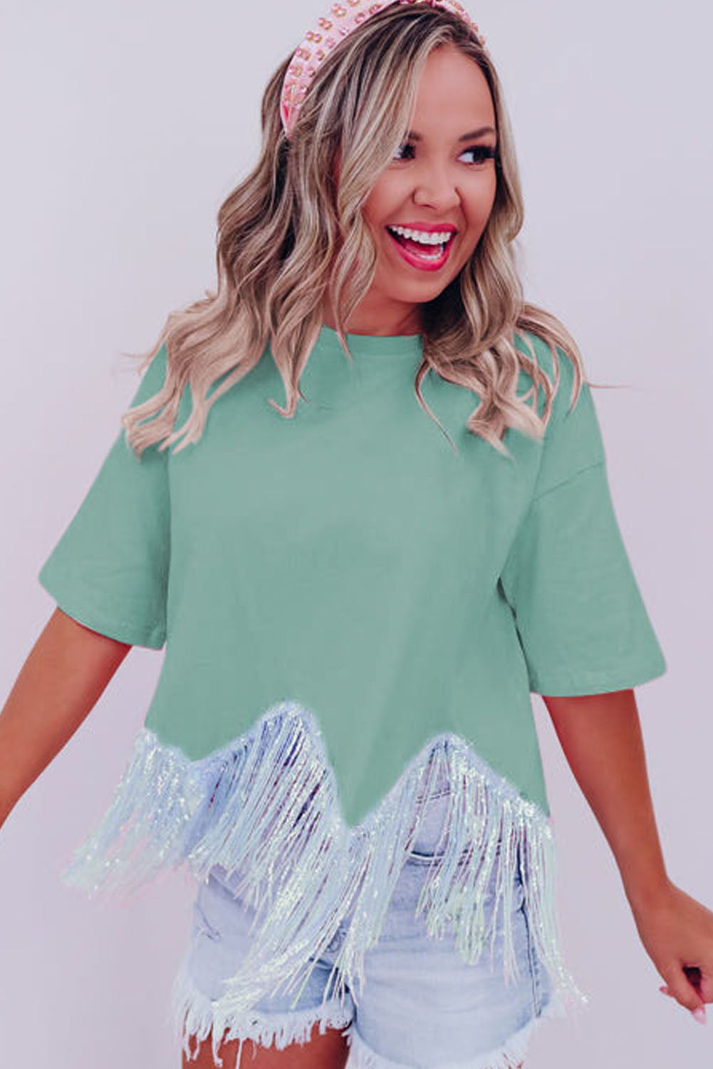 Moonlight Jade Fringed Sequin Crop T-shirt