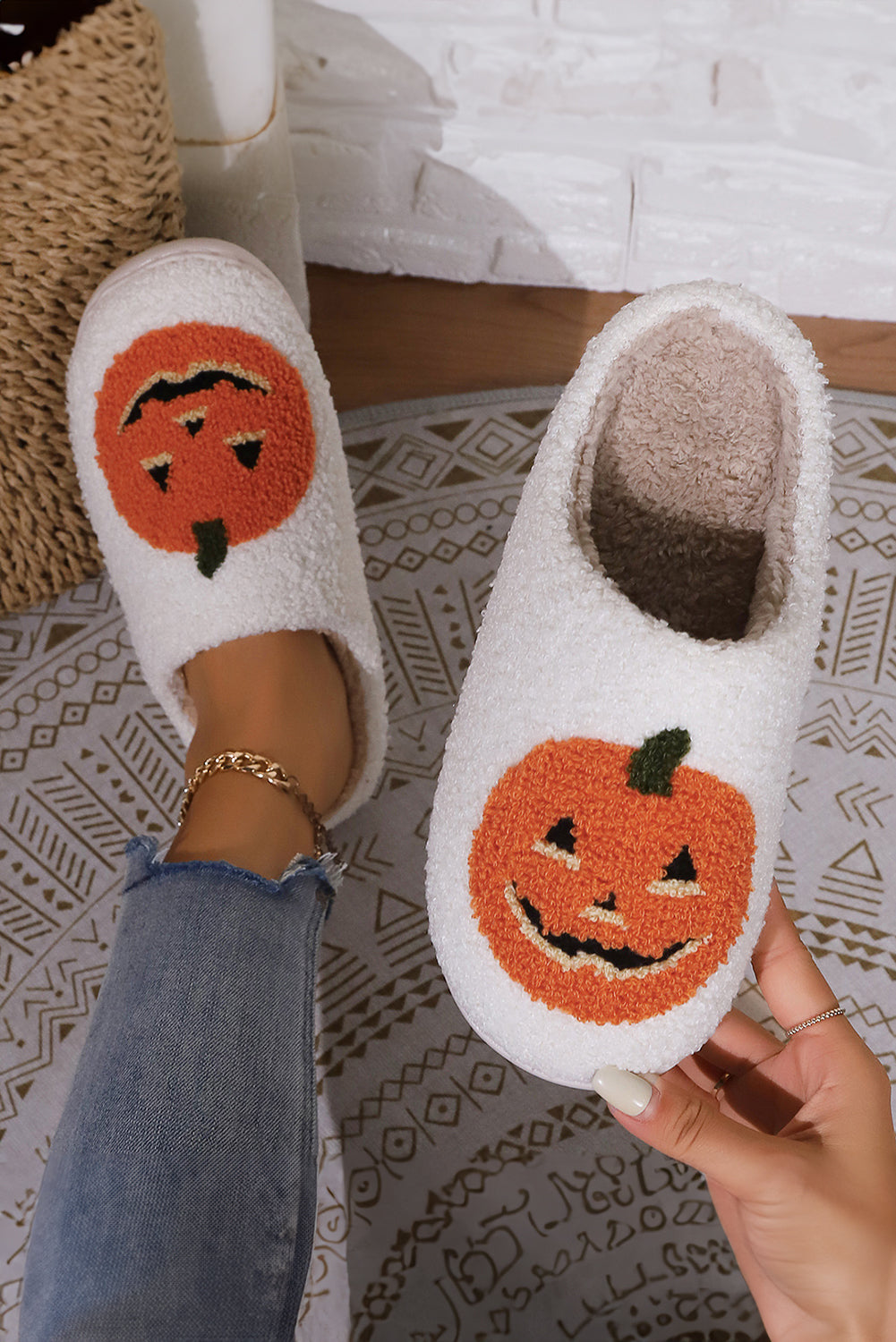 Halloween Pumpkin Print Plush Slippers (Runs Small, Size Up)