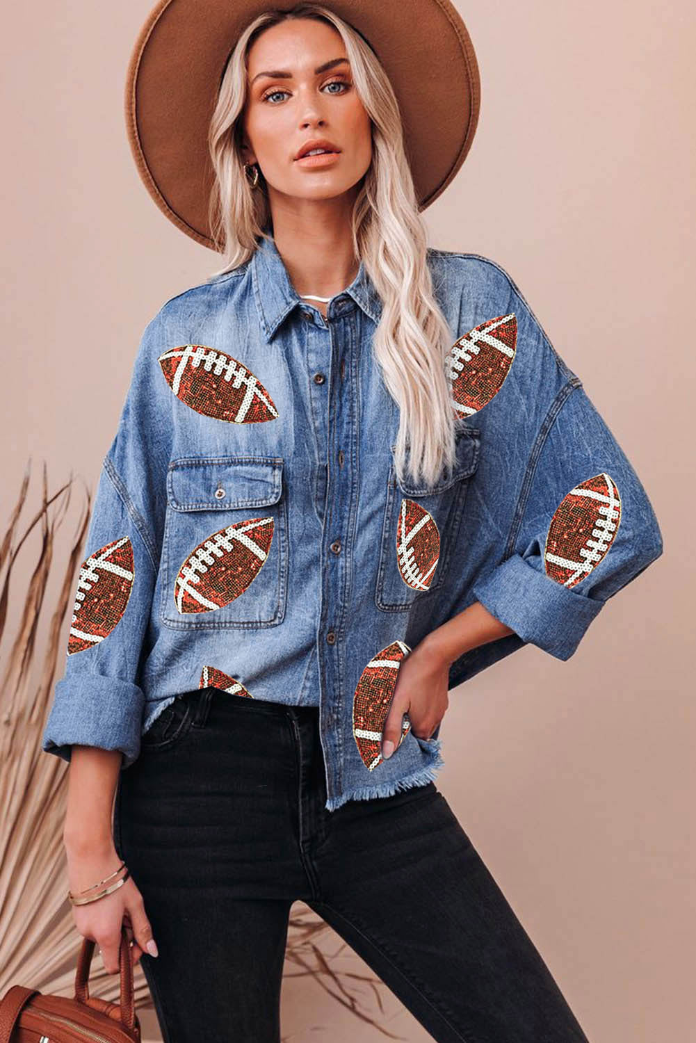 Sky Blue Football Sequin Patchwork Flap Pockets Raw Hem Denim Jacket