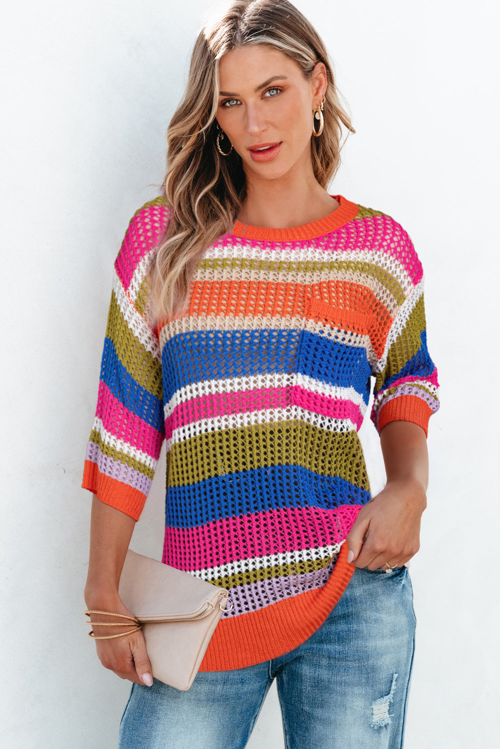 Striped Colorblock Hollowed Crochet 3/4 Sleeve Sweater